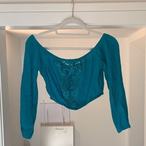 Teal lace off the shoulder crop top